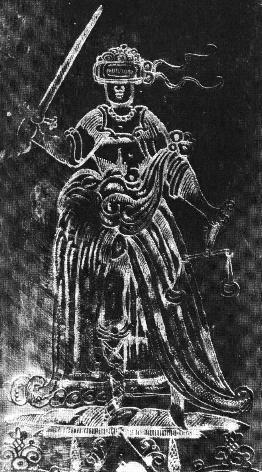 Darstellung der Justitia auf der Klinge eines Richtschwertes